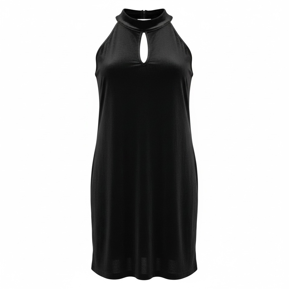 VERONICA M BLACK VELVET A-LINE DRESS MOCK NECK KEYHOLE CUTOUT MEDIUM NWT